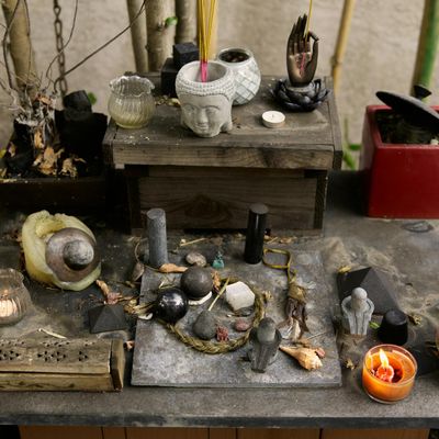 Zen decor with stones and candles for meditation